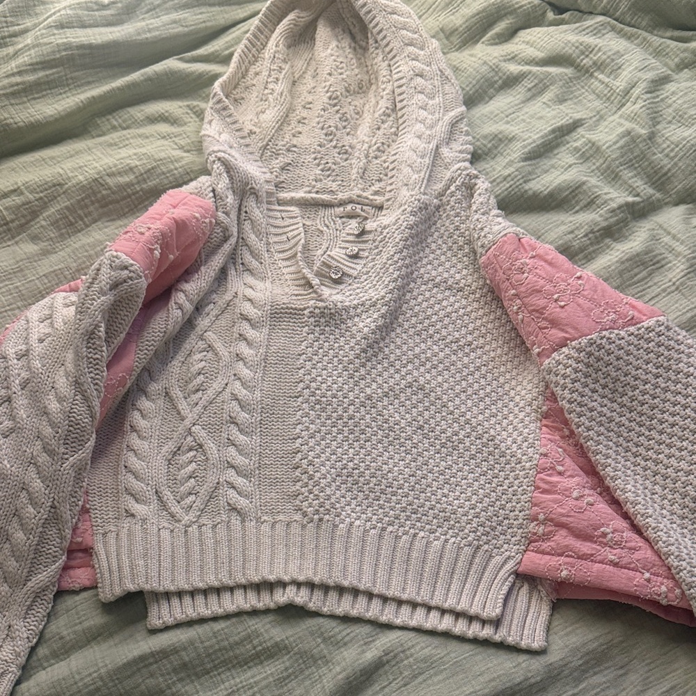POL Pink and Cream Knit Hoodie Sweater